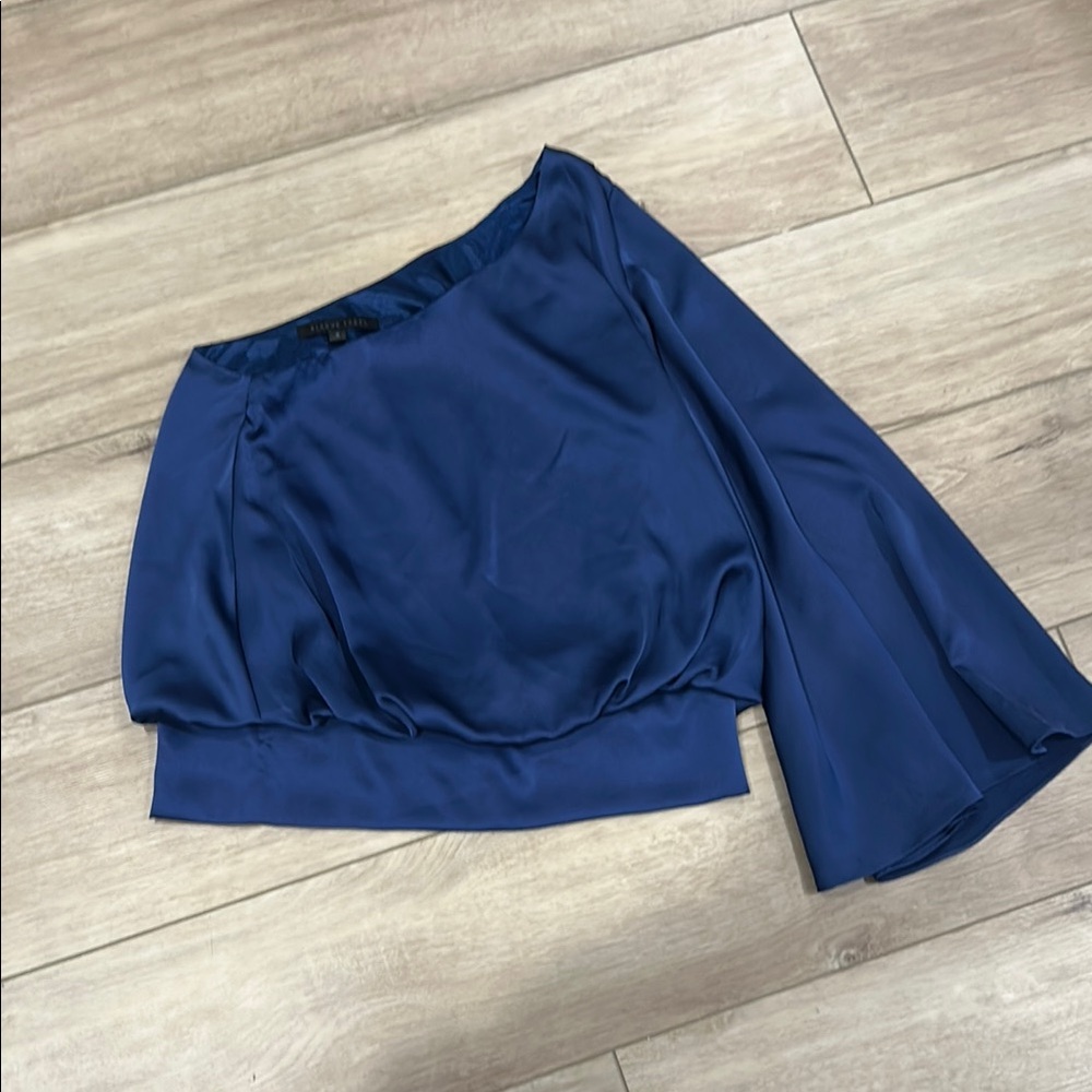 Blaque Label Navy One Shoulder Satin Blouse Top Dressy
